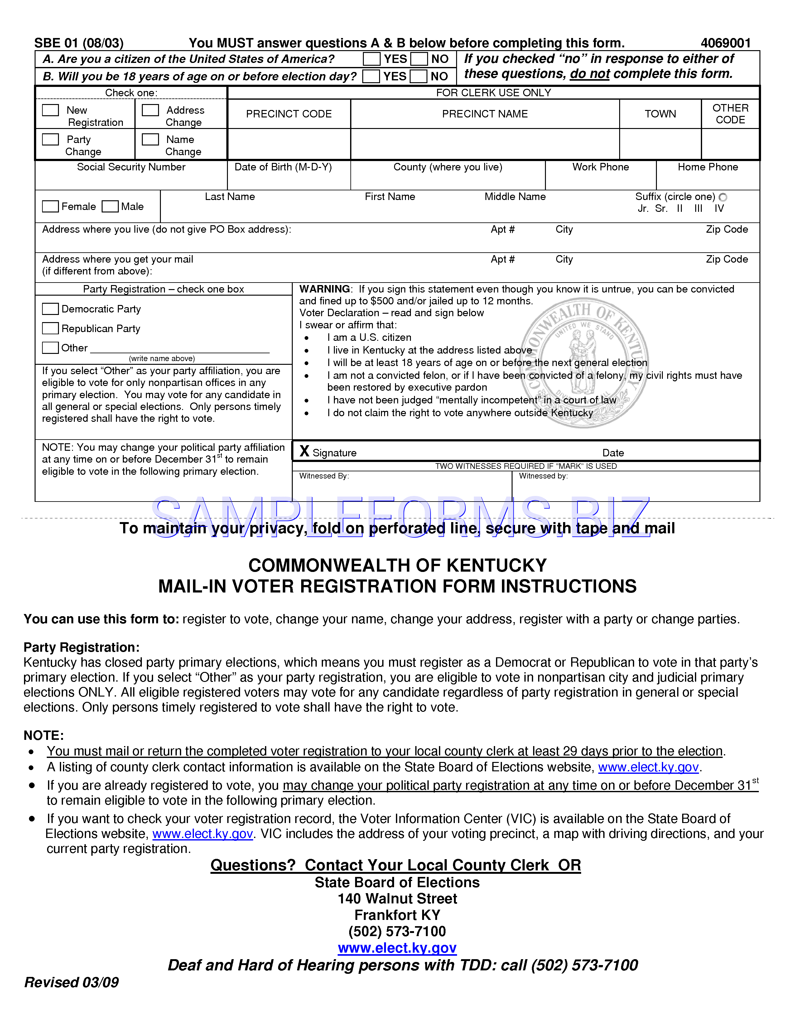 Preview free downloadable Kentucky Voter Registration Card in PDF (page 1)